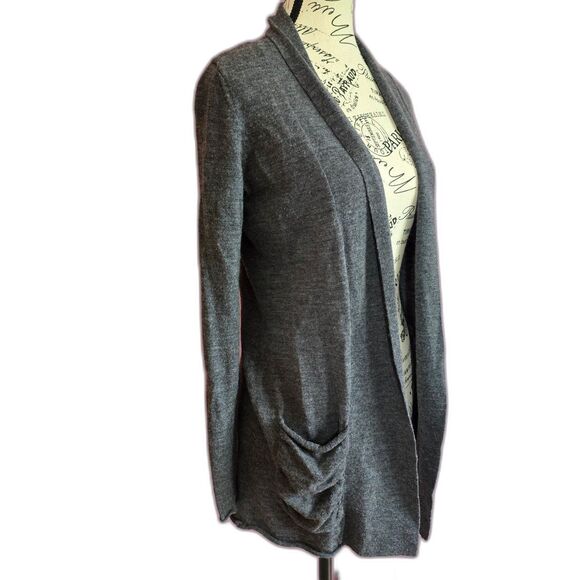 100% Merino wool grey long-sleeved open front cardigan sweater classic prep S - Picture 3 of 8